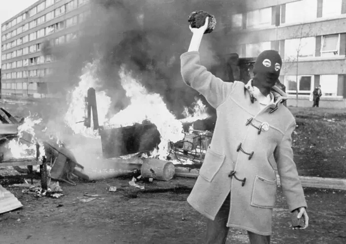 Framed Print : Belfast:Masked Protester on Riot Torn Street 1981 Framed Print : Belfast:Masked Protester on Riot Torn Street 1981