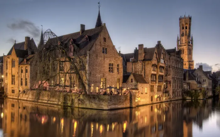 Framed Print : The Belfry in Bruges, Belgium Seen at Dusk along with Other Floodlit Buildings