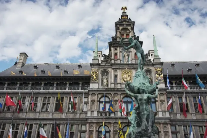 Framed Print : Belgium, Flanders, Antwerp, Grand Place, Town hall and brabo fountain Framed Print : Belgium, Flanders, Antwerp, Grand Place, Town hall and brabo fountain