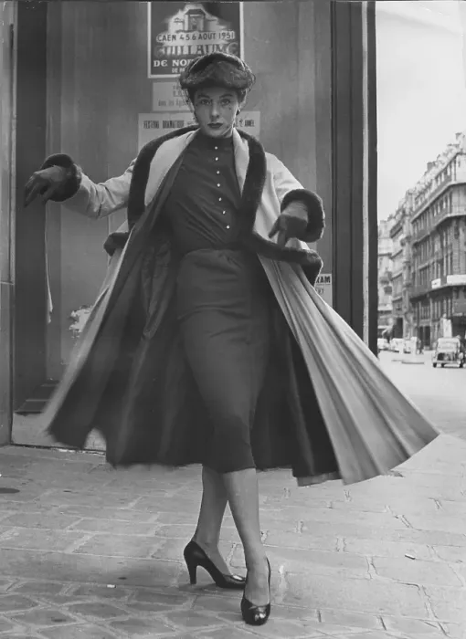 Framed Print : Bell Line. A model wearing a Jacques Fath bell-line design in Paris Framed Print : Bell Line. A model wearing a Jacques Fath bell-line design in Paris