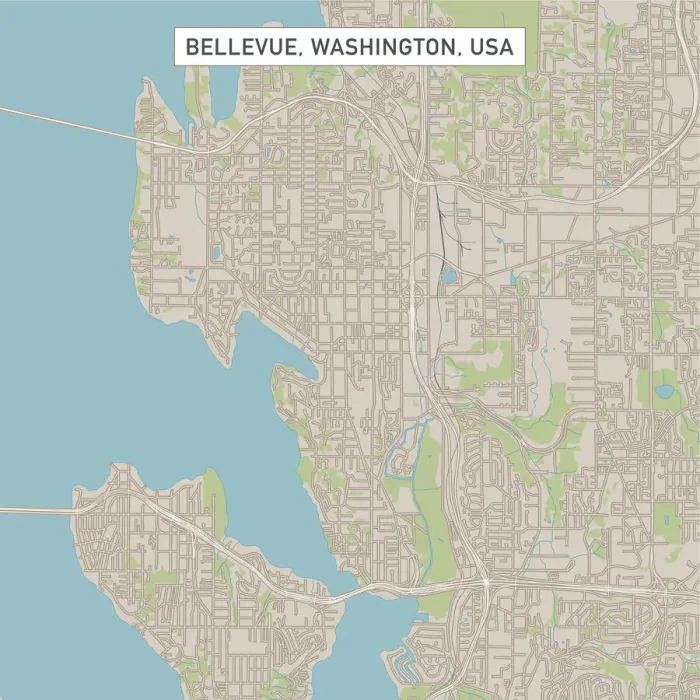 Framed Print : Bellevue Washington US City Street Map Framed Print : Bellevue Washington US City Street Map