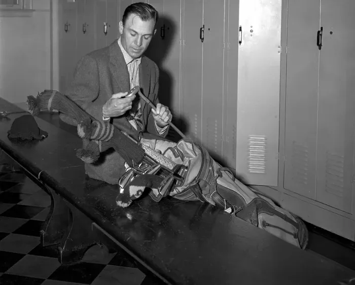Framed Print : Ben Hogan Checking Clubs in Locker Room Framed Print : Ben Hogan Checking Clubs in Locker Room