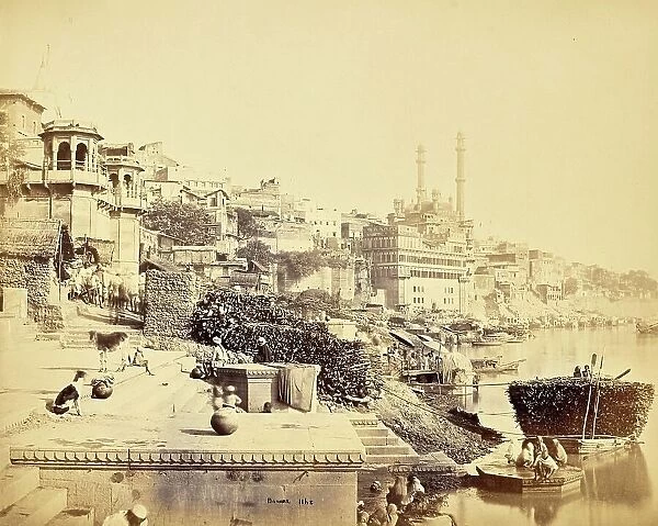 Benares, the Great Mosque of Arungzebe and the adjoining Ghats, c. 1870, India, Historic, digitally restored reproduction from an original of the period