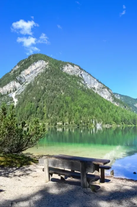 Framed Print : Empty bench looking at Lake Braies on a perfect sunny day, South Tyrol, Italy Framed Print : Empty bench looking at Lake Braies on a perfect sunny day, South Tyrol, Italy