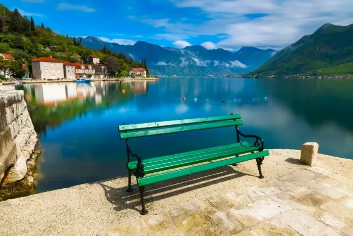 Framed Print : Bench in Perast, Kotor Bay, Montenegro Framed Print : Bench in Perast, Kotor Bay, Montenegro