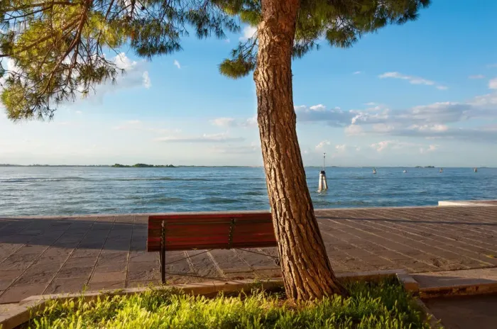 Framed Print : A bench in the quiet place in front of Venice lagoon