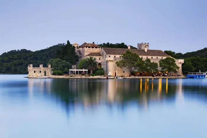 Framed Print : Benedictine monastery on the island of St. Maria in Veliko Jezero, Great Lake, National Park Mljet, Mljet Island, Dubrovnik-Neretva, Dalmatia, Croatia Framed Print : Benedictine monastery on the island of St. Maria in Veliko Jezero, Great Lake, National Park Mljet, Mljet Island, Dubrovnik-Neretva, Dalmatia, Croatia