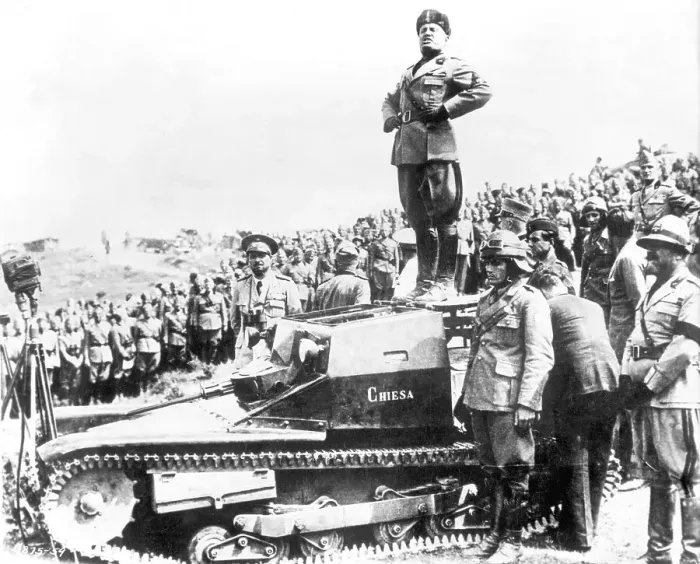 Framed Print : Benito Mussolini Standing on a Tank Framed Print : Benito Mussolini Standing on a Tank