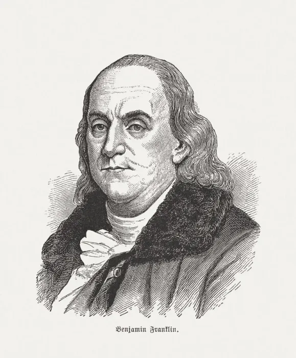 Framed Print : Benjamin Franklin (1706-1790), wood engraving, published in 1884 Framed Print : Benjamin Franklin (1706-1790), wood engraving, published in 1884