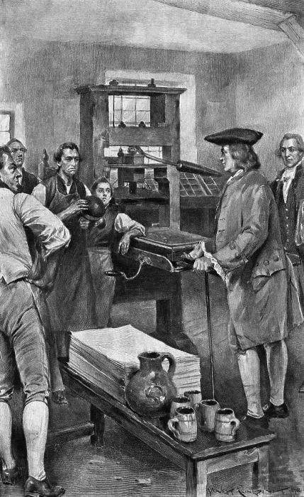 Framed Print : Benjamin Franklin Offering Advice to Printers Framed Print : Benjamin Franklin Offering Advice to Printers