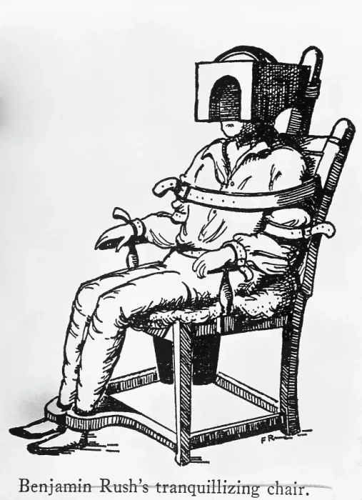 Framed Print : Benjamin Rush's Tranquillizing Chair Illustration Framed Print : Benjamin Rush's Tranquillizing Chair Illustration