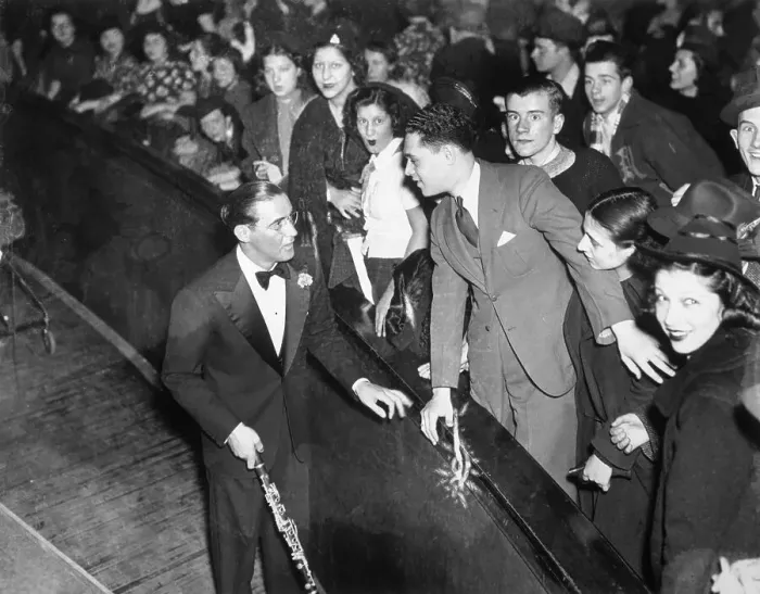 Framed Print : Benny Goodman Greeting Audience at Paramount Theater Framed Print : Benny Goodman Greeting Audience at Paramount Theater