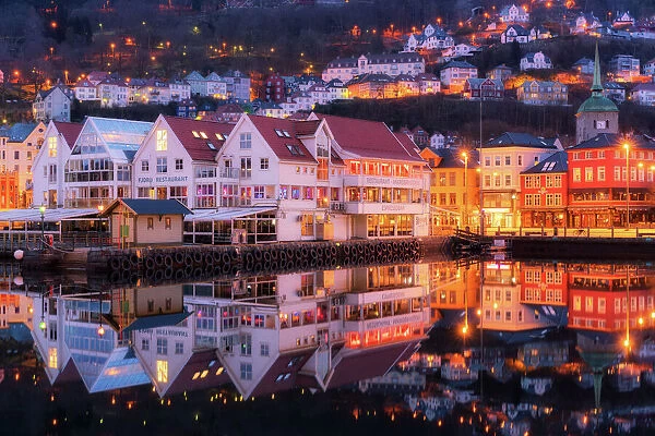 Norway City Night Skyline Framed Panorama Poster Picture Bergen