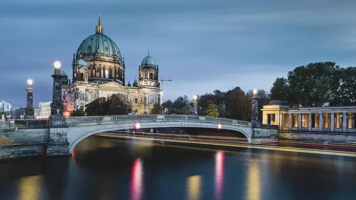 Framed Print : Berlin Cathedral on the Spree River with passing excursion steamer, light traces, dusk, Berlin, Germany Framed Print : Berlin Cathedral on the Spree River with passing excursion steamer, light traces, dusk, Berlin, Germany