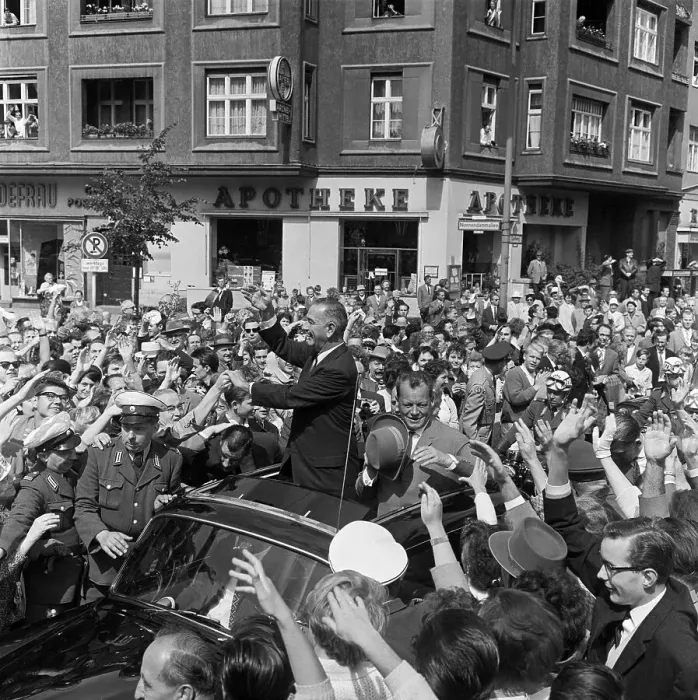 Framed Print : Berlin Crowds Waving to Vice President Johnson Framed Print : Berlin Crowds Waving to Vice President Johnson