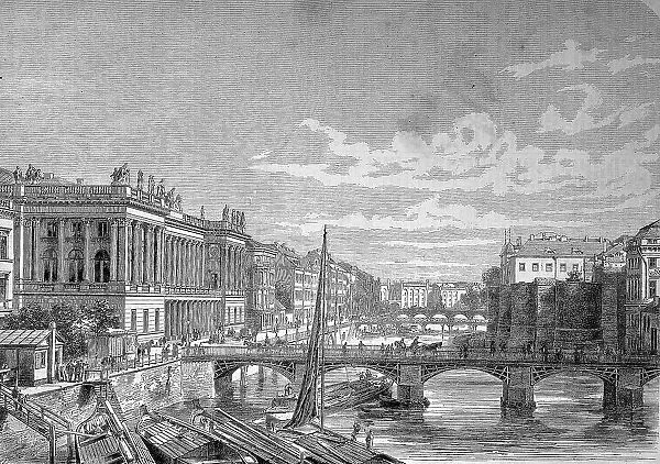 Berlin, Germany, the new stock exchange, the Friedrichsbruecke and the Kurfuerstenbruecke over the Spree, Historic, digitally restored reproduction of an original 19th century master, exact original date not known