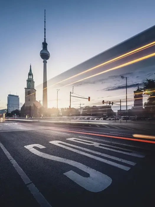Framed Print : Berlin TV Tower with traces of light in the morning, Alexanderplatz, Berlin, Germany
