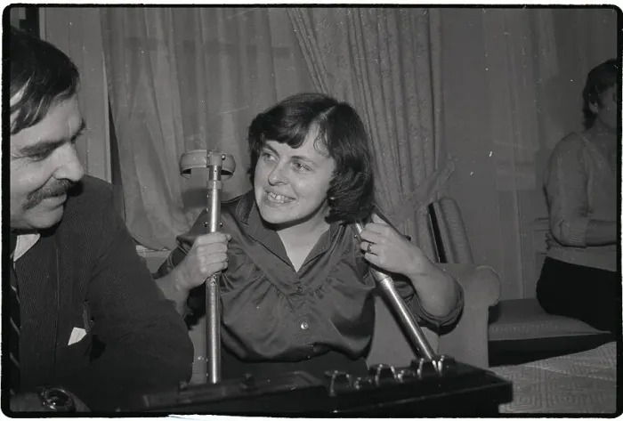 Framed Print : Bernadette Devlin in Hotel with Crutches Framed Print : Bernadette Devlin in Hotel with Crutches