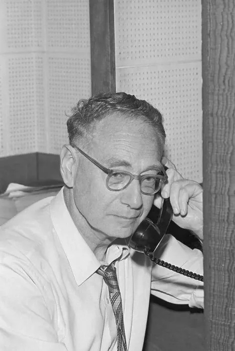 Framed Print : Bernard Katz Holding Telephone Receiver for Call to His Wife Framed Print : Bernard Katz Holding Telephone Receiver for Call to His Wife