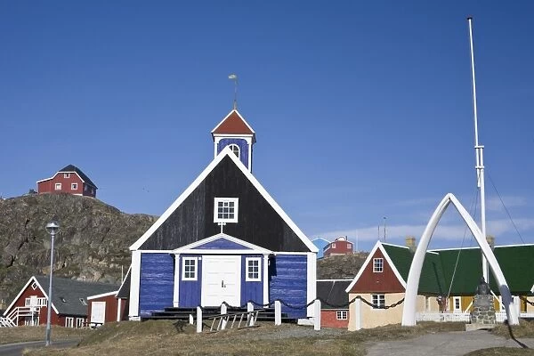 Berthels Church with an archway made of whale jawbones, colonial center of Sisimiut, Greenland