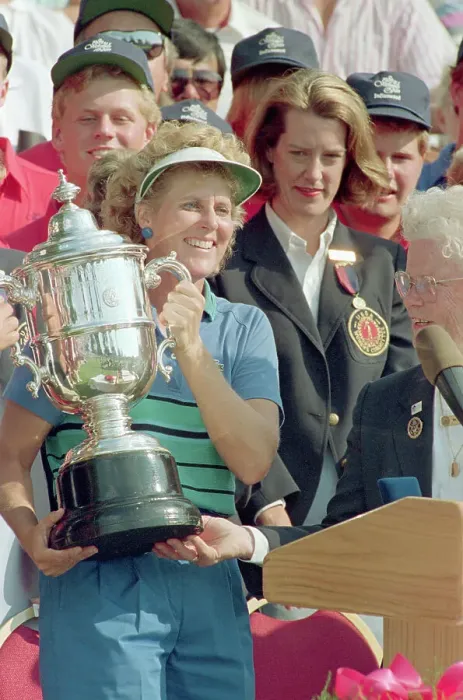 Framed Print : Betsy King in Visor with Trophy Smiling