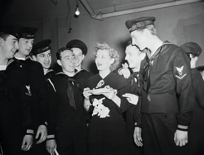 Framed Print : Bette Davis Talking with Sailors Framed Print : Bette Davis Talking with Sailors