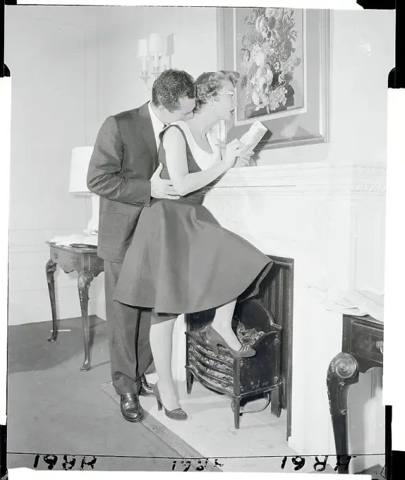 Framed Print : Betty Garrett and Husband Cuddling at Fireplace Framed Print : Betty Garrett and Husband Cuddling at Fireplace