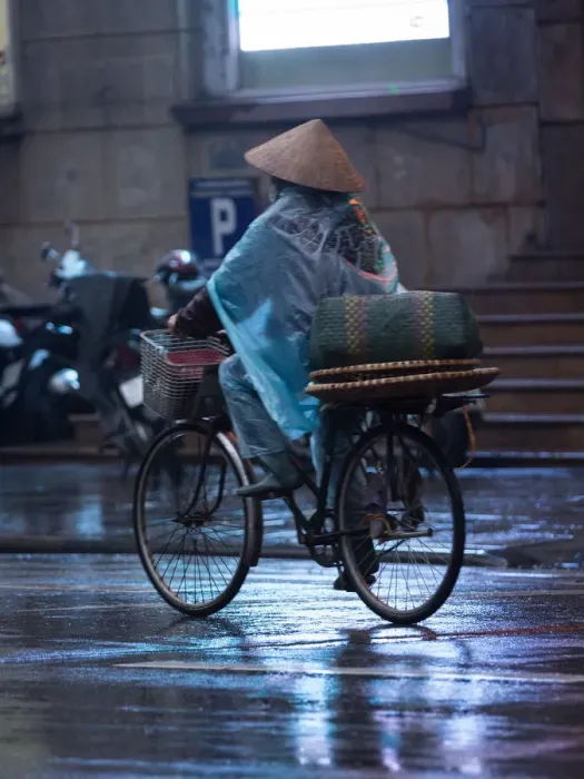 Framed Print : Bicycle vendor, hawker, bicycle, rain, street, vertical Framed Print : Bicycle vendor, hawker, bicycle, rain, street, vertical