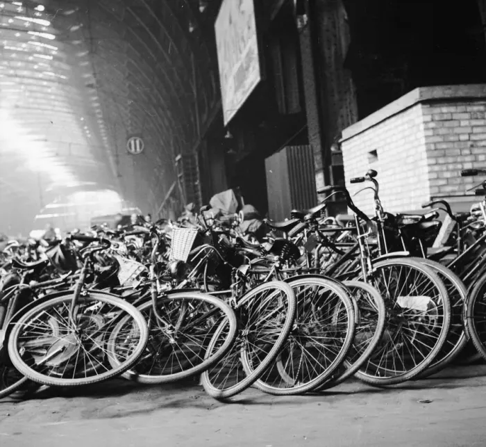 Framed Print : Bicycles. 1943: Bicycles at Waterloo Raiwayl station, London Framed Print : Bicycles. 1943: Bicycles at Waterloo Raiwayl station, London