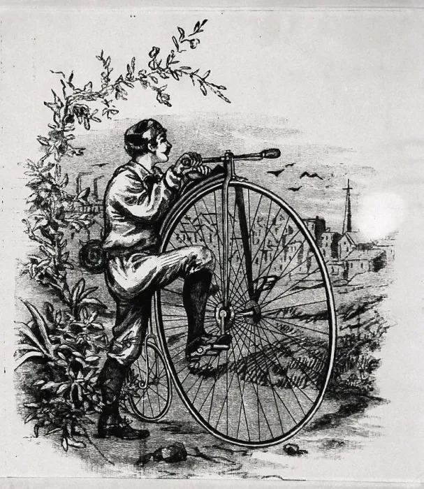 Framed Print : Bicyclist Mounting Velocipede--Illus Framed Print : Bicyclist Mounting Velocipede--Illus