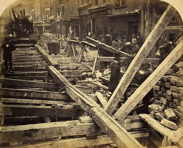 Big Pong. circa 1862: Timber struts over a middle level sewer have collapsed