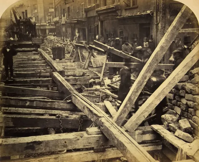 Framed Print : Big Pong. circa 1862: Timber struts over a middle level sewer have collapsed Framed Print : Big Pong. circa 1862: Timber struts over a middle level sewer have collapsed