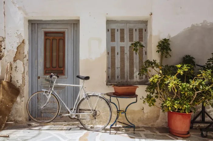 Framed Print : Bike near old house in Naxos town, Naxos, Greece Framed Print : Bike near old house in Naxos town, Naxos, Greece
