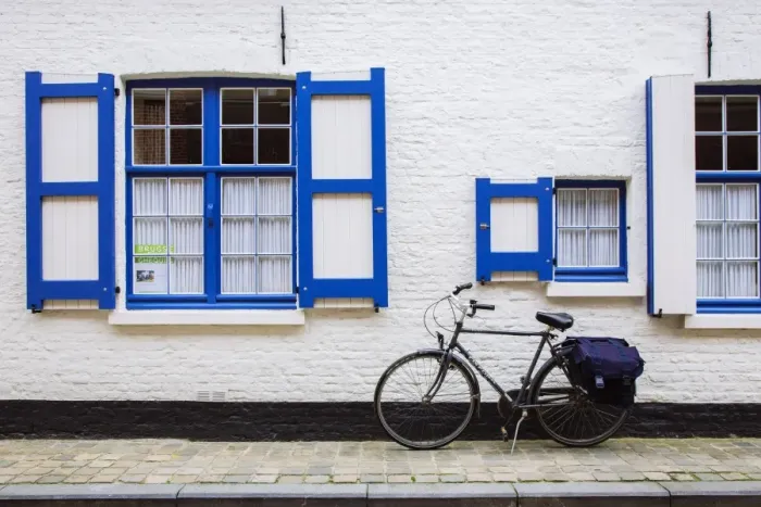Framed Print : Bike parked near house in Bruges, Belgium Framed Print : Bike parked near house in Bruges, Belgium