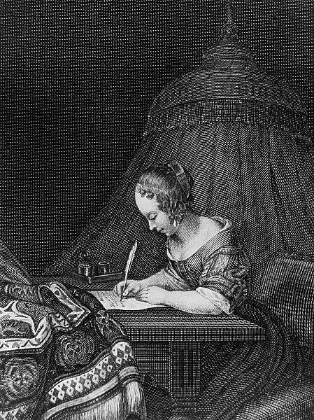 Billet Doux. A young woman writes a letter, circa 1650