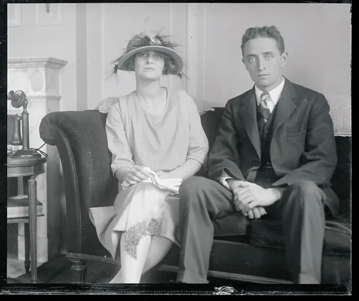 Framed Print : Billiard Champion Edgar T. Appleby and Wife Posing on Couch Framed Print : Billiard Champion Edgar T. Appleby and Wife Posing on Couch