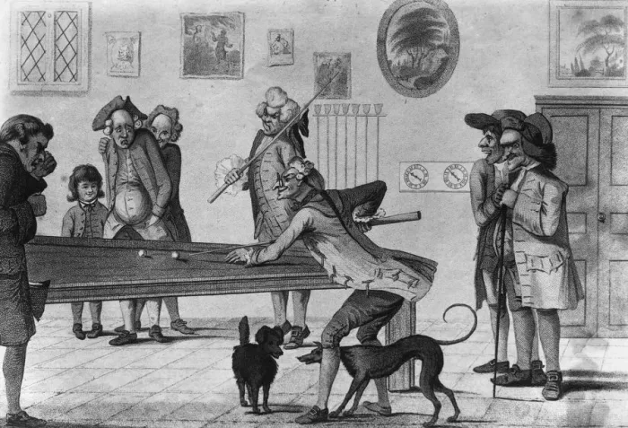 Framed Print : Billiards. 1781: A tense game of billiards Framed Print : Billiards. 1781: A tense game of billiards