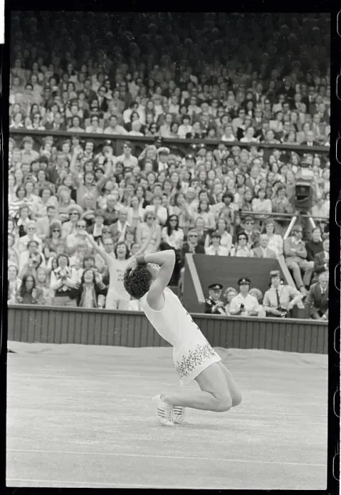 Framed Print : Billie Jean King Falling to Turf After Winning Match