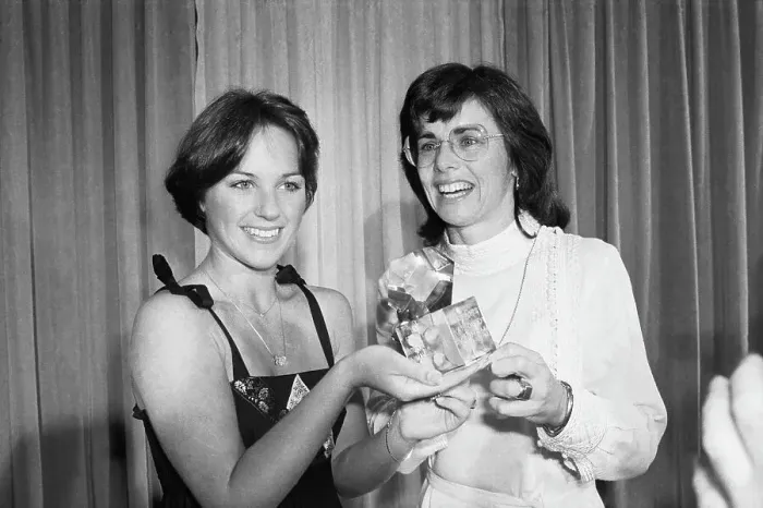 Framed Print : Billie Jean King Giving Dorothy Hamill an Olympic Award Framed Print : Billie Jean King Giving Dorothy Hamill an Olympic Award