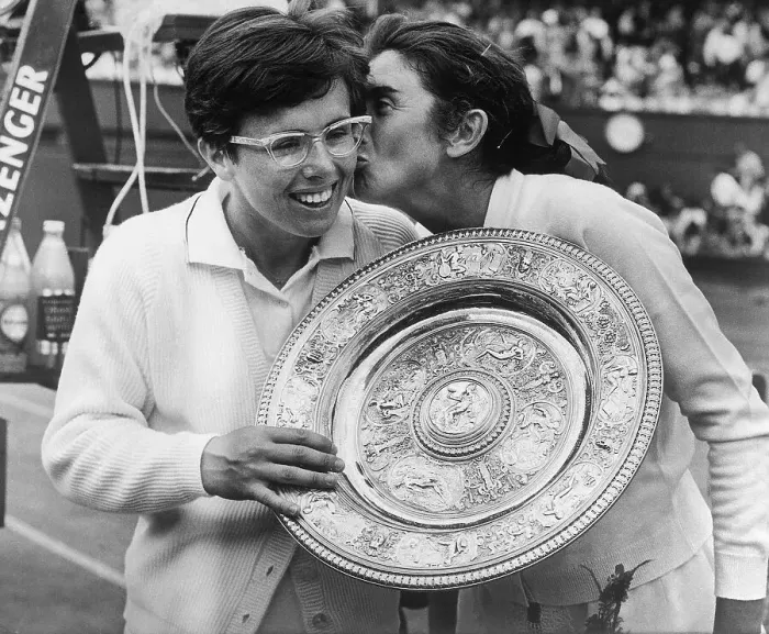 Framed Print : Billie Jean King Receives a Kiss at Wimbledon Framed Print : Billie Jean King Receives a Kiss at Wimbledon