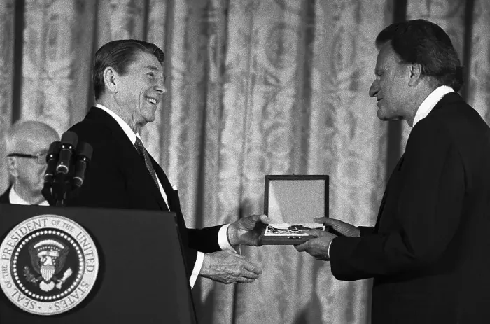 Framed Print : Billy Graham Receiving Medal From President Ronald Reagan Framed Print : Billy Graham Receiving Medal From President Ronald Reagan