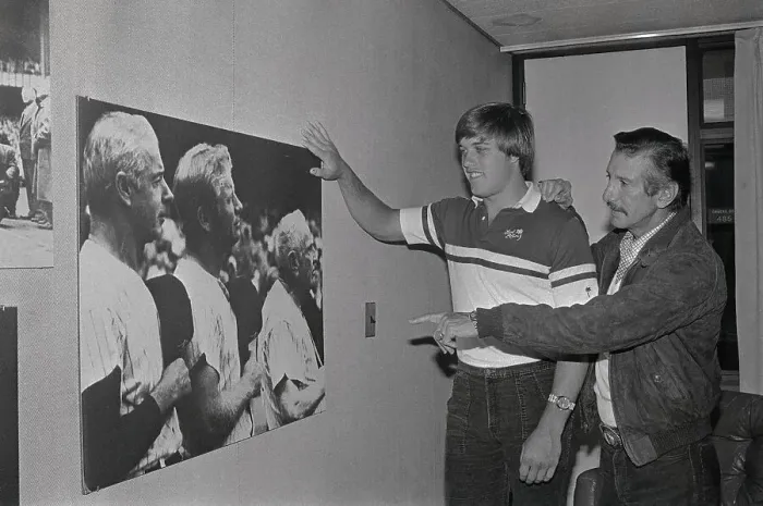 Framed Print : Billy Martin Pointing out Portraits to John Elway Framed Print : Billy Martin Pointing out Portraits to John Elway