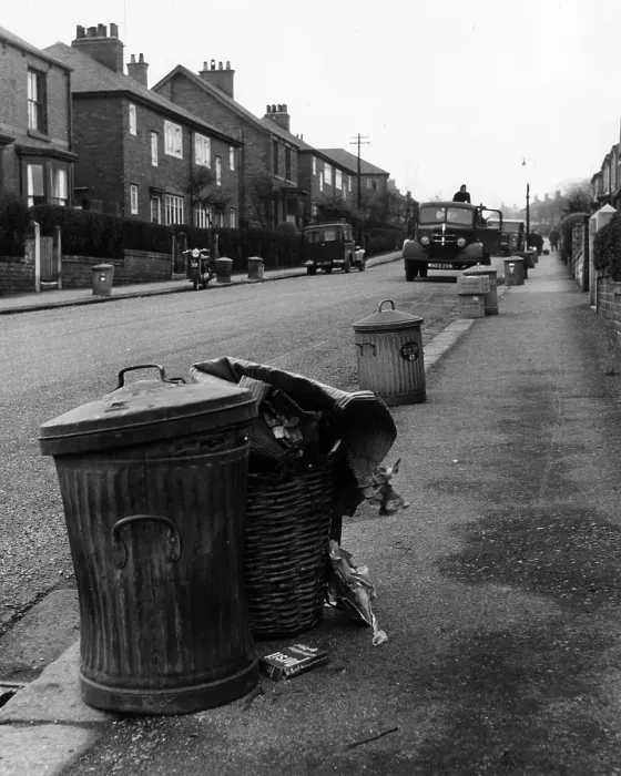 Framed Print : Bin Day. 1953: Dust bins stand on the pavement's edge waiting for the dust Framed Print : Bin Day. 1953: Dust bins stand on the pavement's edge waiting for the dust