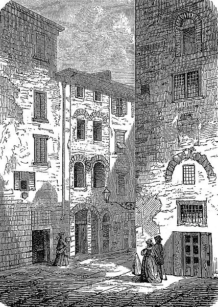 The Birthplace of Dante Alighieri in Florence, Italy, Illustration from 1885, Historic, Digital Reproduction of an Original 19th century Artwork