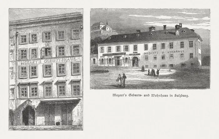 Framed Print : Birthplace and residence of Mozart, Salzburg, Austria, woodcuts, published 1885 Framed Print : Birthplace and residence of Mozart, Salzburg, Austria, woodcuts, published 1885