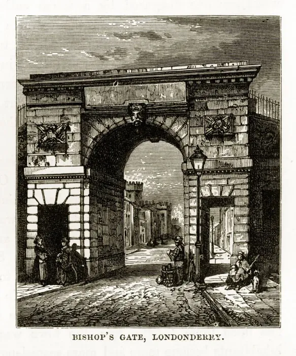 Framed Print : Bishops Gate in Londonderry, Derry, Donegal, Northern Ireland, Victorian Engraving, 1840 Framed Print : Bishops Gate in Londonderry, Derry, Donegal, Northern Ireland, Victorian Engraving, 1840