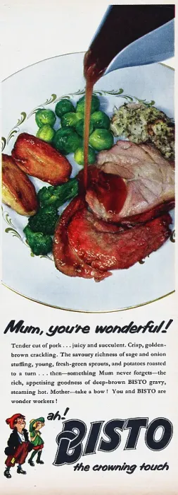 Framed Print : Bisto. 1957: Bisto gravy pouring from a gravy boat onto roasted pork Framed Print : Bisto. 1957: Bisto gravy pouring from a gravy boat onto roasted pork