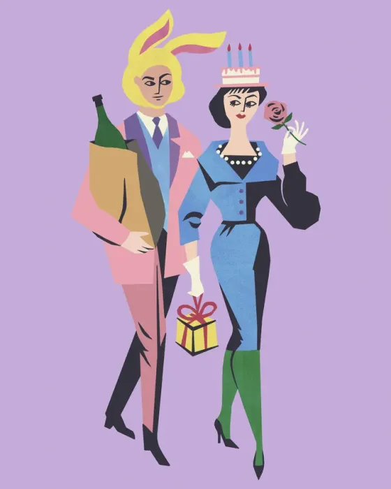 Framed Print : Bizarre Couple with Rabbit Ears and Birthday Cake on Heads Framed Print : Bizarre Couple with Rabbit Ears and Birthday Cake on Heads