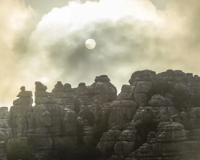 Framed Print : Bizarre limestone rock formations with the sun and fog, El Torcal Nature Reserve, Antequera, Andalusia, Spain Framed Print : Bizarre limestone rock formations with the sun and fog, El Torcal Nature Reserve, Antequera, Andalusia, Spain