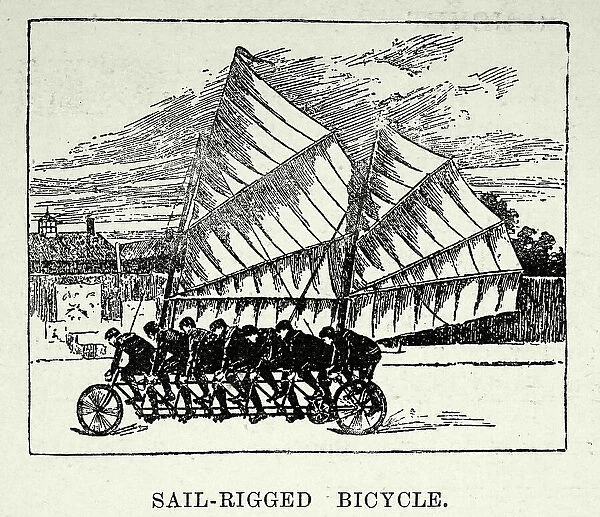 Bizarre novelty cycles, 6 man sail rigged bicycle, bike invented by Frank J Martin of Syracuse, New York, 1890s 19th Century